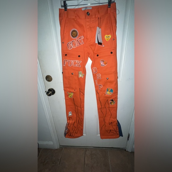 Orange and black Goat F*ck it’s Drip jeans Sz 30 - Picture 1 of 7